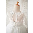 Princessly.com-K1003873-Princess Short Elbow Sleeves Ivory Lace Tulle Wedding Flower Girl Dress-01