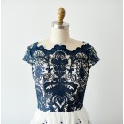 Princessly.com-K1003818-Cap Sleeves Navy Blue Lace chiffon Wedding Bridesmaid Dress Evening Dress in Knee Length-01