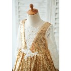 Princessly.com-K1003908-Hi Low Gold Sequin Ivory Lace Tulle Long Sleeves V Neck Wedding Flower Girl Dress-01