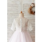 Princessly.com-K1004058-Ivory Lace Pink Tulle Short Sleeves Wedding Flower Girl Dress-01