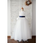 Princessly.com-K1003892-Ivory Satin Tulle Wedding Flower Girl Dress with Navy Blue Belt-01