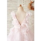 Princessly.com-K1004063-Pink Lace Tulle V Back Wedding Flower Girl Dress with Feather-01