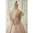 Princessly.com-K1003848-Lace Tulle V Back Cap Sleeves Floor Length Wedding Flower Girl Dress-01