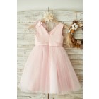 Princessly.com-K1003847-V Neck Pink Satin Tulle Wedding Party Flower Girl Dress-01