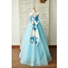 Princessly.com-K1003843-Blue Printed Floral Satin Tulle V Back Wedding Flower Girl Dress with bow-01