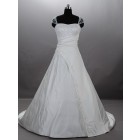 A-line Embroidered Sheer Cap Sleeves Sweetheart Gathered Ruched Satin Court Wedding Gown