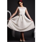 A-line Jewel Neck Flowers Belt Satin Lining Dotted Lace Tea Length Wedding Dress