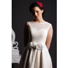 A-line Jewel Neck Flowers Belt Satin Lining Dotted Lace Tea Length Wedding Dress