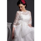 A-line Lace Scalloped Jewel Neck 3/4 Sheer Sleeves Layered Pleats Organza Bridal Dress