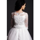 A-line Lace Scalloped Jewel Neck 3/4 Sheer Sleeves Layered Pleats Organza Bridal Dress