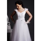 A-line Pearled Flowers Cap Sleeves V-neck Pleated Layered Brush Tulle Bridal Dress