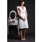 A-line Scalloped V-neck Cap Sleeves Crinkled Knee Length Satin Bridal Dress w/ Crystals