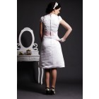 A-line Scalloped V-neck Cap Sleeves Crinkled Knee Length Satin Bridal Dress w/ Crystals