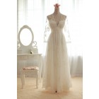 A-line Scalloped V-neck Sheer Long Sleeves Empire Waist Pleated Sweep Lace Wedding Dress