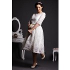A-line Scoop Neck Half Sleeves Layered Lace Tea Length Wedding Dress w/ Satin Belt