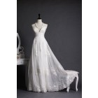 A-line Spaghetti Straps V-neck Empire Waist Lace Appliques Organza Pleated Sweep Wedding Dress