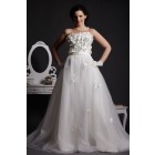 A-line Strapless Crystals Blooms Bodice Layered Court Tulle Wedding Dress w/ Satin Sash