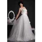 A-line Strapless Crystals Blooms Bodice Layered Court Tulle Wedding Dress w/ Satin Sash