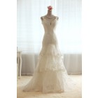 A-line V-neck Drop Waist Open Back Three-tiers Corded Lace Court Wedding Dress