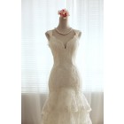 A-line V-neck Drop Waist Open Back Three-tiers Corded Lace Court Wedding Dress