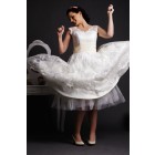 Ball Gown V-neck Sheer Shoulders Ruched Waist Layered Tea Length Lace Wedding Dress