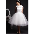 Cap Sleeves Jewel Neck Layered Pleats Ball Gown Tea Length Satin Tulle Bridal Dress