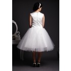 Cap Sleeves Jewel Neck Layered Pleats Ball Gown Tea Length Satin Tulle Bridal Dress