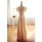 Champagne Column Bridal Dress with Tiered Cap Sleeve, Flower & Lace-up Back