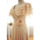 Champagne Column Bridal Dress with Tiered Cap Sleeve, Flower & Lace-up Back