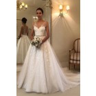 Princessly.com-K1004076 Ivory Lace Tulle Straps V Back Wedding Party Dress-01