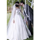 Princessly.com-K1004073-Ivory Lace Satin Long Sleeves Wedding Party Dress-01