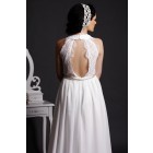 Graceful A-line Lace V-neck Key-hole Back Draping Pleated Sweep Chiffon Wedding Dress w/ Belts