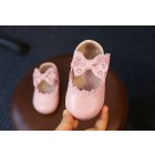 Princessly.com-K1003949-Ivory/Black/Pink Bowtie Cute Leather Flat Baby Girl Shoes Wedding Flower Girl Shoes-01