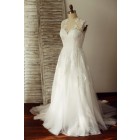 Princessly.com-K1003328-V Neck Ivory Lace Tulle Wedding Dress-01