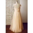 Princessly.com-K1003332 Champagne Tulle Beaded Cap Sleeves Prom Party Dress-01