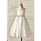 Princessly.com-K1000149-Sheer Neck Polka Dot Tulle Flower Girl Dress with champagne sash-01