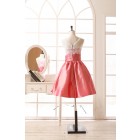Princessly.com-K1001958-Coral Lace Taffeta Bridesmaid Dress in knee Short Length-01