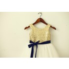 Princessly.com-K1003203-Blush Pink/Gold Sequin Ivory Tulle Flower Girl Dress with navy/champagne sash-01