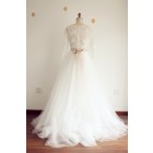 Princessly.com-K1003283-A Line V neck Long Sleeves Lace Tulle Wedding Dress with Sweep Train-01