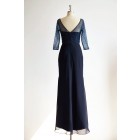 Princessly.com-K1000297-V Neck Elbow Length Sleeves Navy Blue Beaded Chiffon Tulle Wedding Mother Dress-01