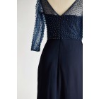Princessly.com-K1000297-V Neck Elbow Length Sleeves Navy Blue Beaded Chiffon Tulle Wedding Mother Dress-01