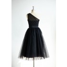 Princessly.com-K1000300-One Shoulder Black Polk Dot Tulle Short Tea Length Prom Party Dress-01