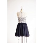 Princessly.com-K1000305 Ivory Lace Navy Blue Chiffon Short Knee Length Wedding Bridesmaid Dress-01