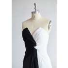 Princessly.com-K1000328-Strapless V Neck Black Ivory Long Chiffon Evening Party Dress-01