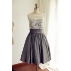 Princessly.com-K1000223-V Back Ivory Lace /Grey Taffeta Tea Length Short Bridesmaid Dress-01