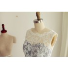 Princessly.com-K1000223-V Back Ivory Lace /Grey Taffeta Tea Length Short Bridesmaid Dress-01