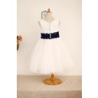 Princessly.com-K1000205-Ivory Satin Tulle Flower Girl Dress with navy blue Lace sash-01