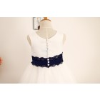 Princessly.com-K1000205-Ivory Satin Tulle Flower Girl Dress with navy blue Lace sash-01