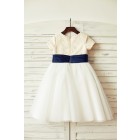 Princessly.com-K1000081-Ivory lace Tulle Flower Girl Dress with short sleeves/big navy blue bow-01