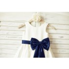 Princessly.com-K1000160-Ivory Satin Flower Girl Dress with navy blue belt/bow-01